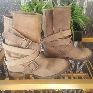 Gray/Brown Steve Madden Moto-style leather boots